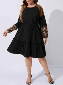 SHEIN LUNE Plus Leopard Print Raglan Sleeve Ruffle Hem Dress - Black - View 3