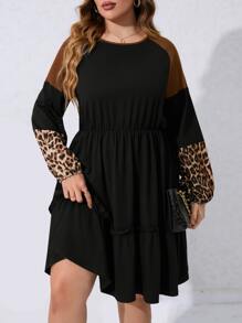 SHEIN LUNE Plus Leopard Print Raglan Sleeve Ruffle Hem Dress - Black - View 4