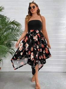 Breezaya Plus Floral Print Hanky Hem Tube Dress - Black - View 6