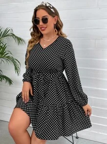 SHEIN LUNE Plus Polka Dot Lantern Sleeve Ruffle Hem Belted Dress - Black - View 7