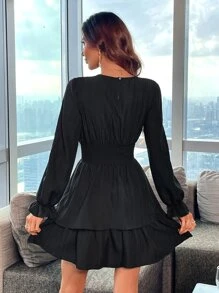 SHEIN LUNE 燈籠袖層疊下擺連衣裙 - 黑色 - 查看 2