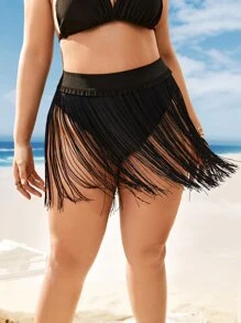 Plus Fringe Hem Fringe Trim Cover Up Skirt - Black - View 1