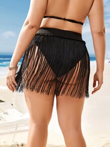 Plus Fringe Hem Fringe Trim Cover Up Skirt - Black - View 2