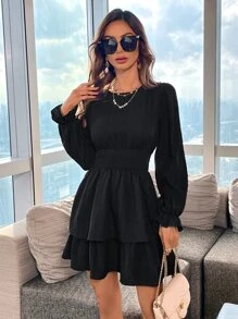 SHEIN LUNE 燈籠袖層疊下擺連衣裙 - 黑色 - 查看 5