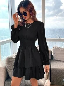 SHEIN LUNE 燈籠袖層疊下擺連衣裙 - 黑色 - 查看 6