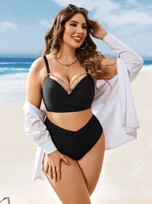 Plus Size Solid Push Up Bikini Set Summer Beach - Black - View 5