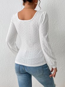 SHEIN Frenchy Square Neck Eyelet Embroidery Lantern Sleeve Tee - White - View 2