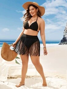 Plus Fringe Hem Fringe Trim Cover Up Skirt - Black - View 5