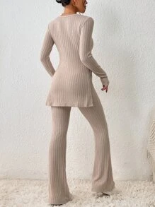 SHEIN Essnce Split Hem Tee & Flare Leg Trousers - Apricot - View 2