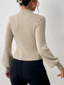 SHEIN Privé Jersey de cuello alto de manga farol - Albaricoque - Ver 2