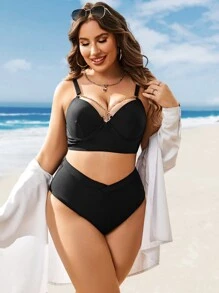 Plus Size Solid Push Up Bikini Set Summer Beach - Black - View 6