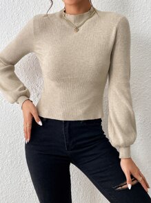 SHEIN Privé Jersey de cuello alto de manga farol - Albaricoque - Ver 4