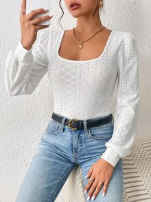 SHEIN Frenchy Square Neck Eyelet Embroidery Lantern Sleeve Tee - White - View 4