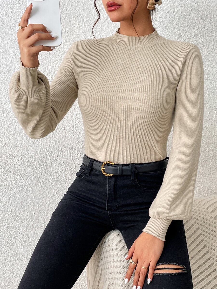 SHEIN Privé Jersey de cuello alto de manga farol - Albaricoque - Ver 1