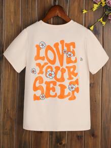 SHEIN Girls Floral & Slogan Graphic Tee - Beige - View 1