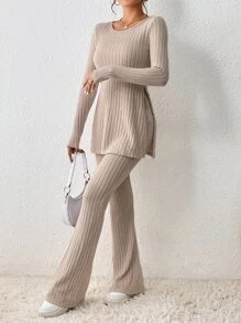 SHEIN Essnce Split Hem Tee & Flare Leg Trousers - Apricot - View 1