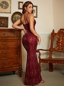 Missord Mesh Insert Sequin Formal Dress - Burgundy - View 2