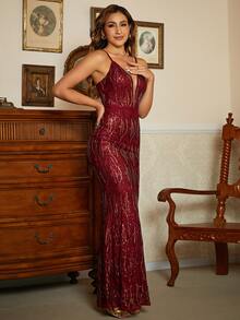 Missord Mesh Insert Sequin Formal Dress - Burgundy - View 4