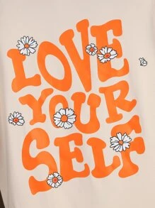 SHEIN Girls Floral & Slogan Graphic Tee - Beige - View 3