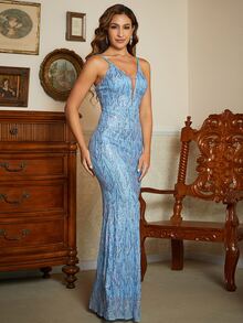 Missord Mesh Insert Mermaid Hem Sequin Formal Dress - Baby Blue - View 4