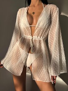 Kimono de lunares de cintura con cordón - Blanco - Ver 1
