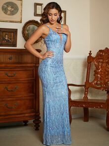 Missord Mesh Insert Mermaid Hem Sequin Formal Dress - Baby Blue - View 6