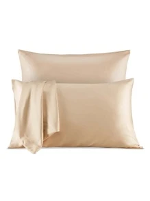 2入組緞面素色枕套臥室用軟枕套床上用品 - 卡其色 - 查看 1