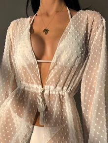 Kimono de lunares de cintura con cordón - Blanco - Ver 3