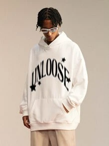 Hombres Capucha con estampado de letra y figura de hombros caídos - Beis - Ver 1