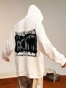 Hombres Capucha con estampado de letra y figura de hombros caídos - Beis - Ver 2