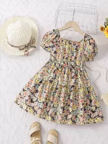 SHEIN Young Girl Floral Printed Off-Shoulder Princess Sleeve Holiday Dress For Summer - Multicolor - View 2