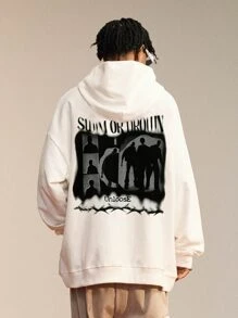 Hombres Capucha con estampado de letra y figura de hombros caídos - Beis - Ver 4