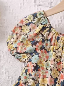 SHEIN Young Girl Floral Printed Off-Shoulder Princess Sleeve Holiday Dress For Summer - Multicolor - View 3