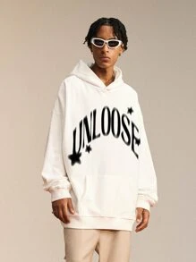 Hombres Capucha con estampado de letra y figura de hombros caídos - Beis - Ver 5