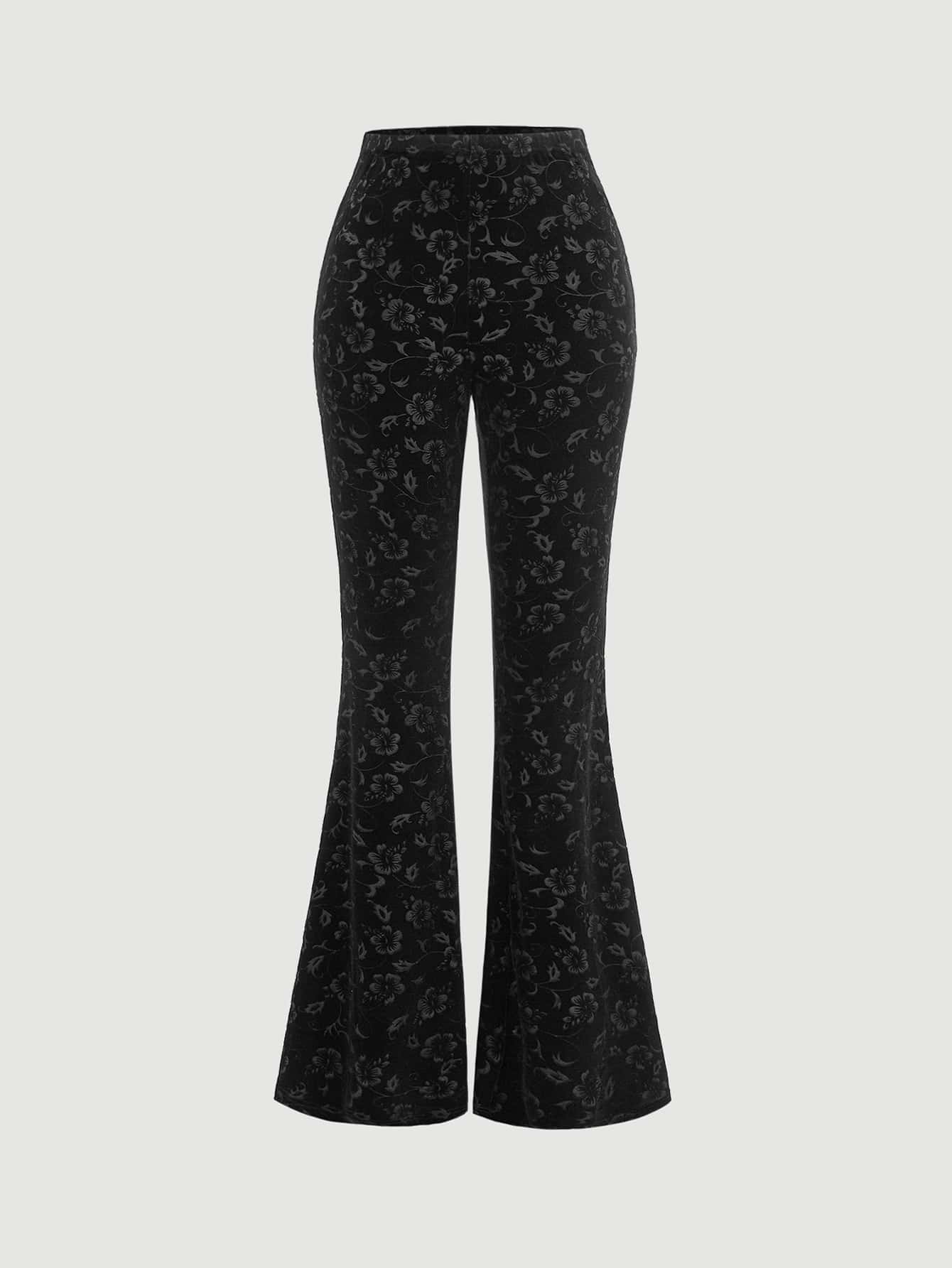 SHEIN MOD 印花喇叭褲不附腰帶 - 黑色 - 查看 1