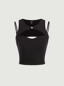 SHEIN MOD Cut Out Front Tank Top - Black - View 3
