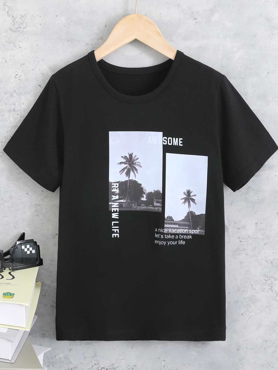 Boys Coconut Tree & Slogan Graphic Tee - Black - View 1
