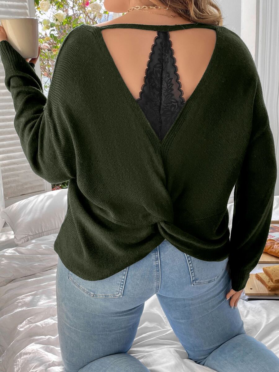 Celure Plus Twist Back Lace Detail Drop Shoulder Jumper - Dark Green - View 1