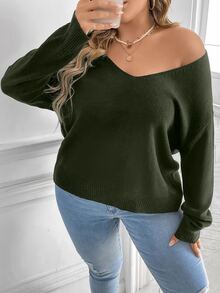 Celure Plus Twist Back Lace Detail Drop Shoulder Jumper - Dark Green - View 3