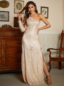 Missord One Shoulder Split Thigh Sequin Formal Dress - Apricot - View 1
