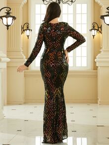 Missord Plunge Neck Geo Sequin Prom Dress - Black - View 2