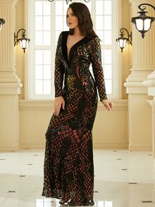 Missord Plunge Neck Geo Sequin Prom Dress - Black - View 7