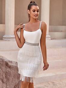 流蘇邊吊帶連衣裙 - 白色 - 查看 4