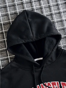 男士字母圖案抽繩加絨內裏連帽衫 - 黑色 - 查看 3