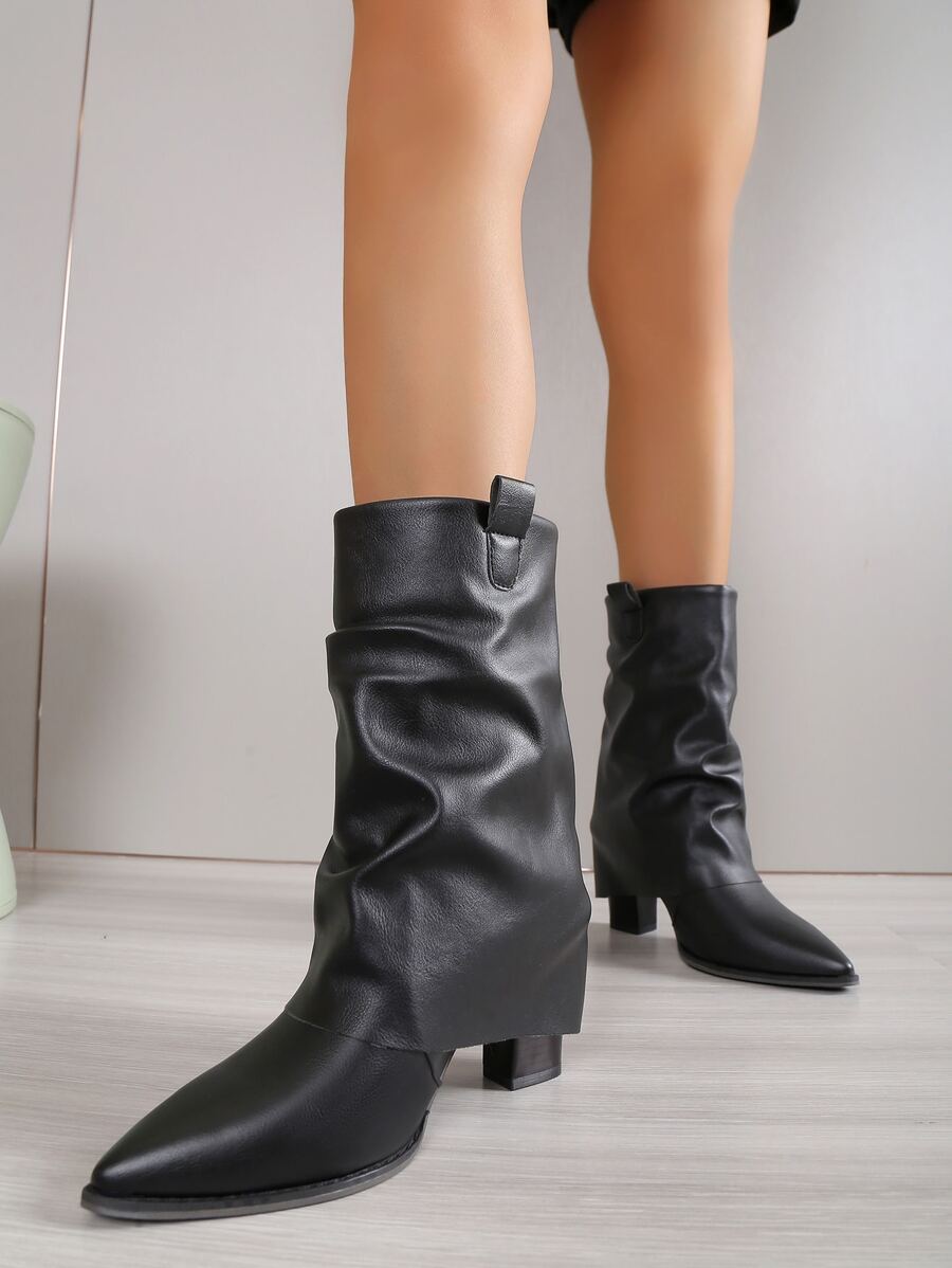 Slip On Chunky Heeled Slouchy Boots - Black - View 1