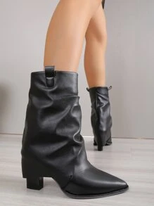 Slip On Chunky Heeled Slouchy Boots - Black - View 4