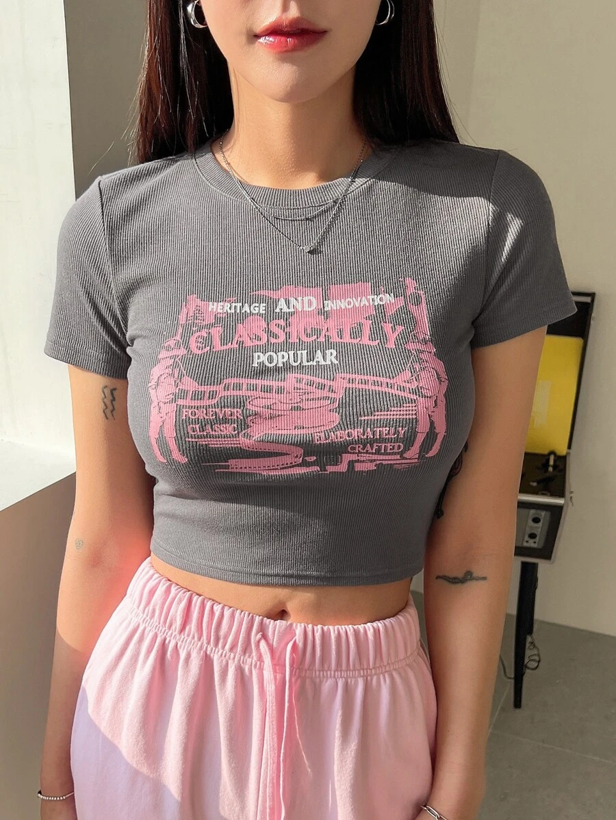 DAZY Figure & Letter Graphic Crop Tee - Grey - View 1