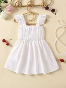 Toddler Girls Swiss Dot Ruffle Trim Bow Front Dress - White - View 2