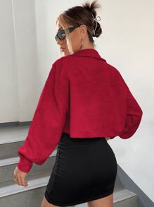 SHEIN EZwear 秋冬落肩翻领短款灯芯绒夹克 - 酒紅色 - 查看 2
