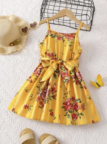SHEIN 小女童印花腰帶吊帶連衣裙 - 黃色 - 查看 1